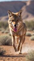 Coyote running across desert terrain under the sun in a dry landscape photo