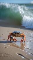 Crab moving across wet sand near the ocean and crashing waves during daylight photo