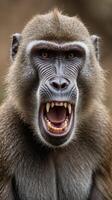 Baboon displaying teeth in a natural setting during daylight photo