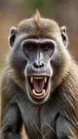 Baboon displaying its teeth in a natural habitat during daylight hours photo