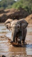 Baby elephant splashes joyfully in a muddy waterhole during a sunny day photo