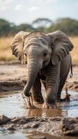 Baby elephant splashes playfully in a muddy puddle under the sun in the wild photo
