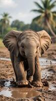 Baby elephant enjoys playful mud roll at a tropical setting on a sunny day photo