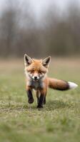 Baby fox playfully chasing in a grassy field during daytime photo