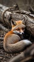 Curled up baby fox resting beside a fallen log in a forest setting photo