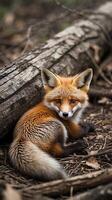 Baby fox curled up next to a fallen log in a forest environment at dusk photo