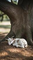 Baby goat resting peacefully under the shade of an ancient tree in a tranquil field photo