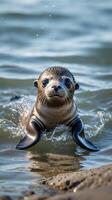 Baby sea lion learns to swim in calm waters near rocky shoreline during sunny day photo