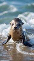 Baby sea lion plays joyfully in the shallow ocean waves on a sunny day photo