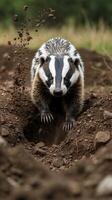 Badger digging into the earth with determination in its natural habitat photo