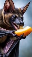 Bat feasting on a juicy slice of fruit outdoors in a natural setting photo