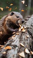 Beaver gnawing on tree trunk chips in forest during daylight hours photo