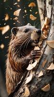 Beaver gnawing through a tree trunk while chips scatter around in nature photo