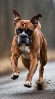 Boxer dog running at full speed on a dirt road during a cloudy afternoon photo
