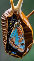 Butterfly emerging from chrysalis in a natural setting during daylight hours photo