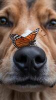 Butterfly gently resting on the nose of a dog in a calm outdoor setting photo