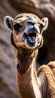 Camel tilting its head back, showcasing its unique expressions in a desert setting photo