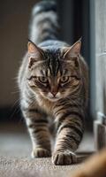 Cat with focused eyes on the lookout for playtime indoors photo
