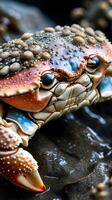 Detailed closeup of a crab showcasing its textured shell and unique features photo