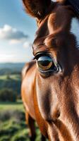 Closeup of a horse's eye reflecting nature in the background at golden hour photo
