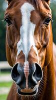 Closeup view of a horse's nostrils flaring in a natural setting during daylight photo