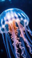 Closeup view of a translucent jellyfish with flowing tentacles in deep waters photo