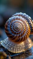 Closeup view of a snail's shell showing intricate spiral design and water droplets photo