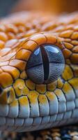 Closeup view of a snake's pupil with distinct slit shape and unique textures photo