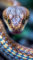 Closeup of a snake with smooth skin displaying iridescent patterns and colors photo