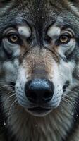 Closeup view of a wolf's nose and whiskers with droplets glistening in the light photo