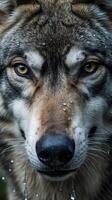 Closeup view of a wolf's nose and whiskers with droplets on its fur photo