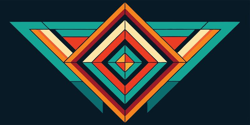 geometric abstract art, triangular composition, concentric diamond shapes, retro color palette, teal and orange, symmetrical design, Art Deco influence, bold lines, graphic design style