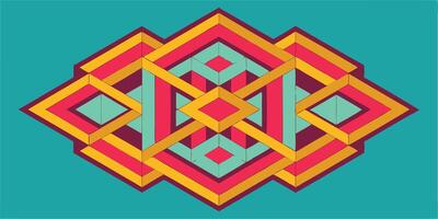 Geometric abstract design, isometric diamond pattern, vibrant colors, yellow and pink shapes, teal background, symmetrical composition, optical illusion effect, retro style vector