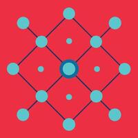 Geometric pattern, network diagram, interconnected circles, teal nodes, dark blue lines, red background vector