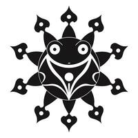 Black and white graphic design, smiling sun face, stylized tribal pattern, symmetrical shape, radial design, abstract sunburst, cute character, geometric elements vector