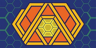 Geometric abstract design, vibrant colors, orange and yellow hexagon, symmetrical pattern, dark blue background vector