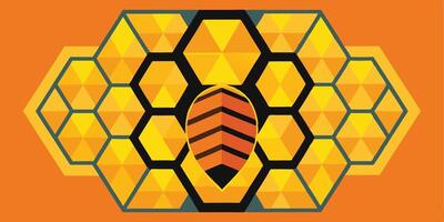 Geometric honeycomb pattern, stylized bee abdomen, yellow and orange color scheme, hexagonal shapes, abstract bee logo design, minimalist illustration vector