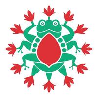 Stylized frog illustration, geometric design, green and red color scheme, symmetrical composition, floral elements, tulip-like flowers, whimsical character vector