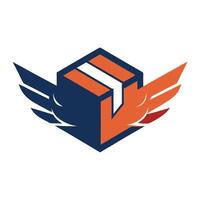 Logo design, geometric cube, stylized wings, navy blue and orange color scheme, minimal, clean lines, modern, abstract, dynamic, symmetrical, aviation-inspired, corporate branding vector