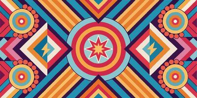 Vibrant geometric pattern, Symmetrical design, Retro color palette, Bold stripes and circles, Abstract star motif, Concentric shapes, Art deco influence vector