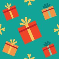 Festive gift boxes pattern, vibrant colors, red and orange presents, yellow bows, teal background, flat design, seamless repeat, cheerful holiday theme, graphic illustration style vector