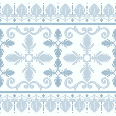 Classy Pastel Pale Blue Florals Scroll Curly Ornament Seamless Border Pattern. Ancient Greek Stone Inspiration with Geometric Combine for Elegance Intricate Royal Luxury Design Wallpaper Fabrics Tiles