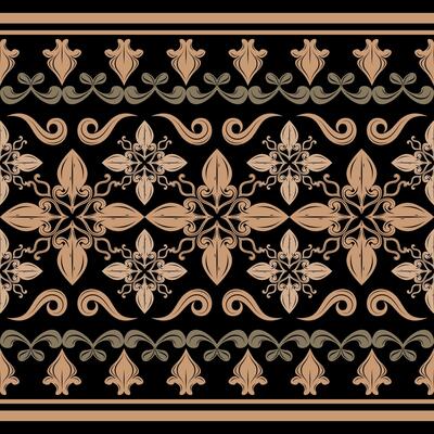 Royal Attractive Florals Ornament Scroll Design with Gold on Black Background. Delicate Luxury Detailed of Blooming Garden Baroque Chevron Motif Pattern for Elegant Classic Art Work Batik Silk Border