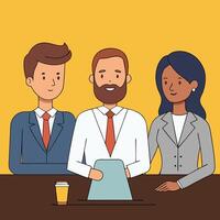 Illustration of Teamwork With Professionals Collaborating Over a Tablet at a Desk vector