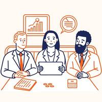 Illustration of Professionals Engaged in a Business Meeting With Reports and Graphics vector