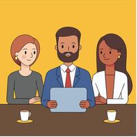 Three Professionals Collaborating Together with a Tablet at a Meeting Table vector