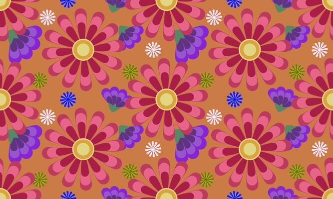a fabric pattern composed geometric of red and purple flower with orange background , design for fabric or various pattern printing works.
