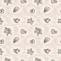 Seashells seamless repeating pattern background, marine motif. Hand drawn sea shells in pattern for design, textile, web, wrapping paper, packaging design.Travel and leisure boho illustration vector