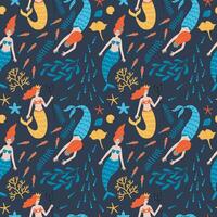 Children repeating background with underwater world, Mermaids. Seamless pattern with corals, fish, sea fairies, marine motif. Ornamental fairytale rapport. Design for fabric, wrapping, banner vector