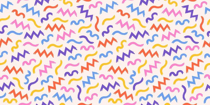Abstract memphis pattern with playful squiggles and zigzag lines on a light background. Wavy and swirled brush strokes.The simple and childish scribble pattern makes it a playful and whimsical design.
